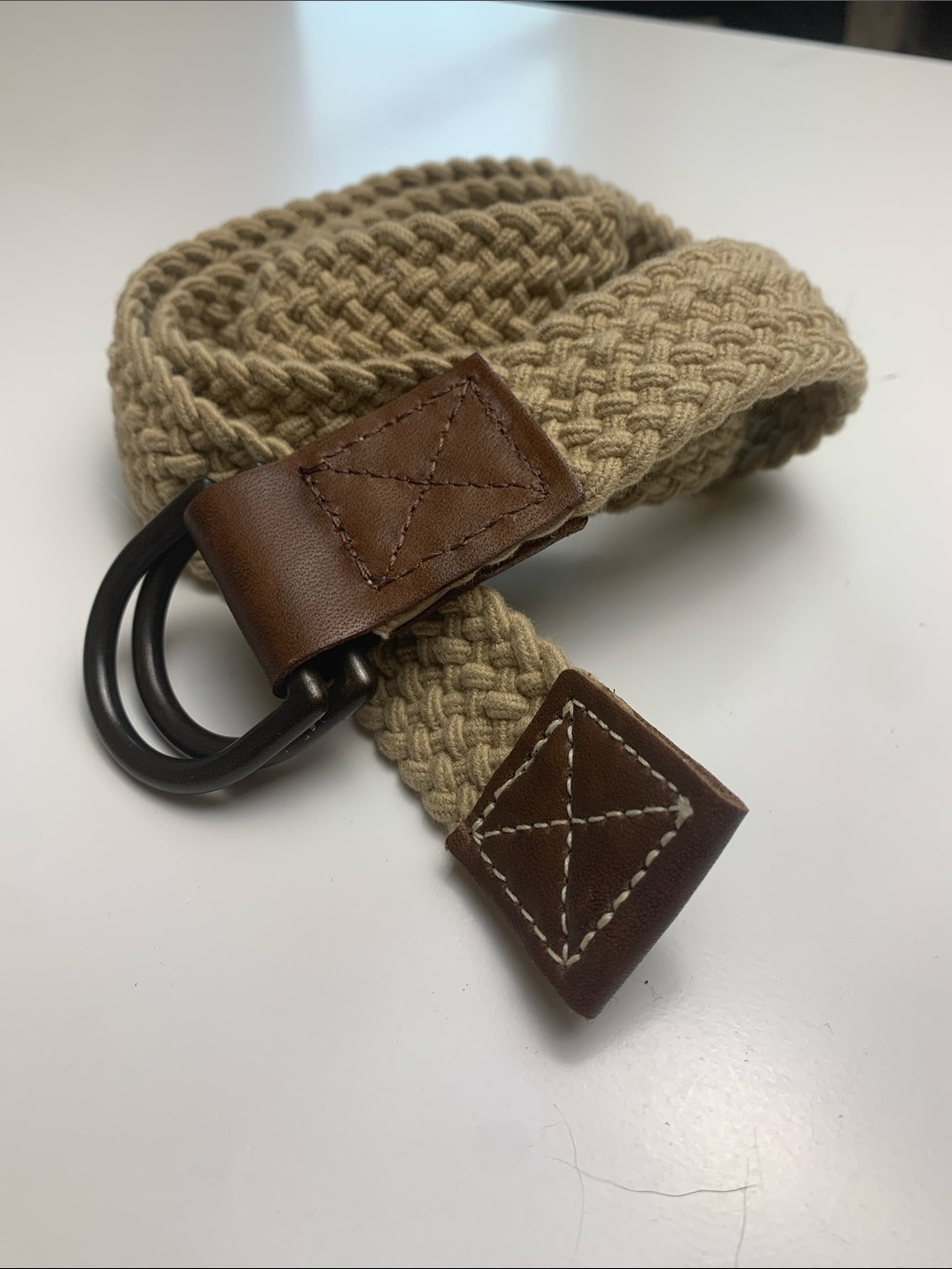 Men's Woven Beige Fabric Belt with Brown Leather Accents, Stretch